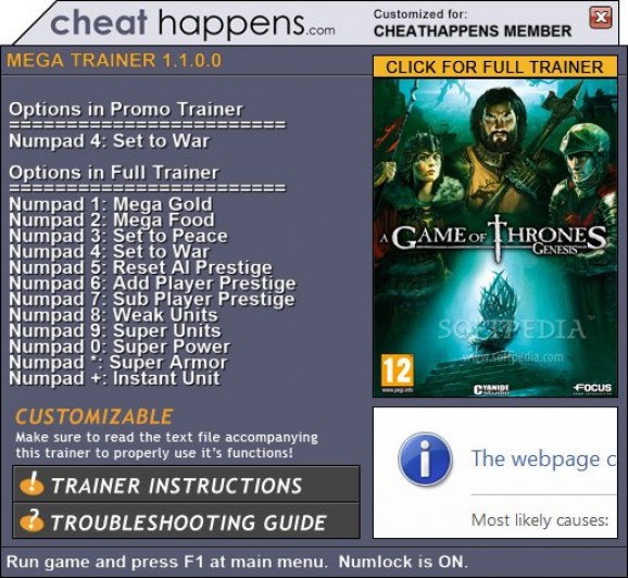 A Game of Thrones: Genesis +1 Trainer screenshot