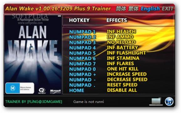 Alan Wake +9 Trainer for 1.0 screenshot