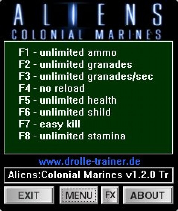 Aliens: Colonial Marines +8 Trainer for 1.0 and 1.2.0 screenshot