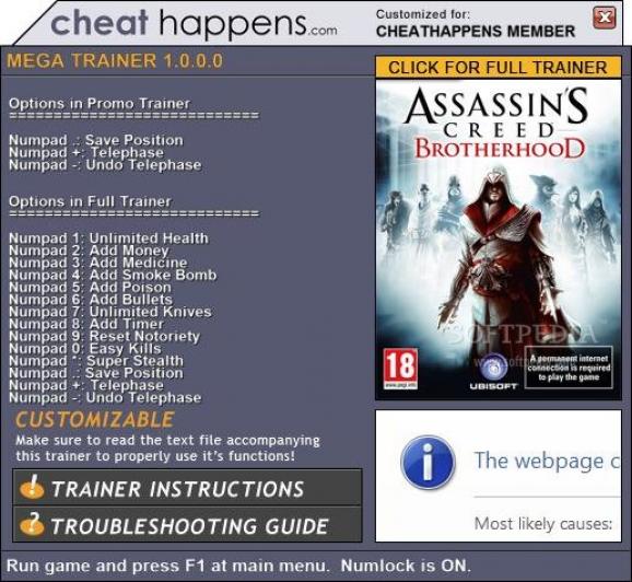 Assassin's Creed: Brotherhood +3 Trainer screenshot