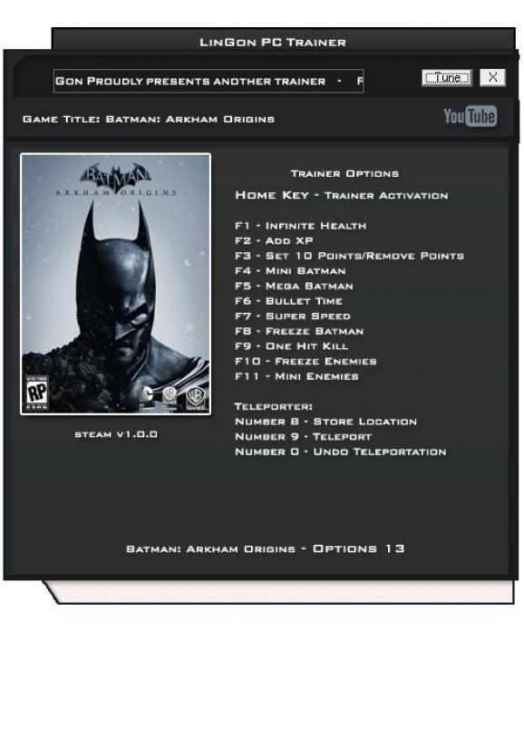 Batman: Arkham Origins +13 Trainer for 1.0 screenshot