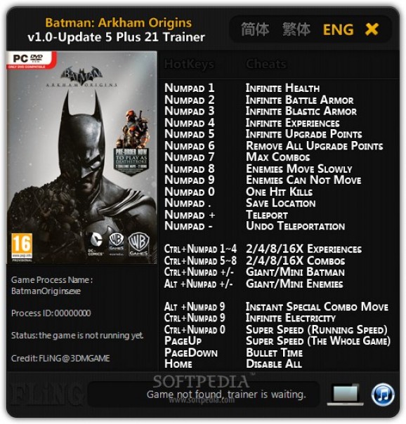 Batman: Arkham Origins +21 Trainer for 1.0 Update 5 screenshot