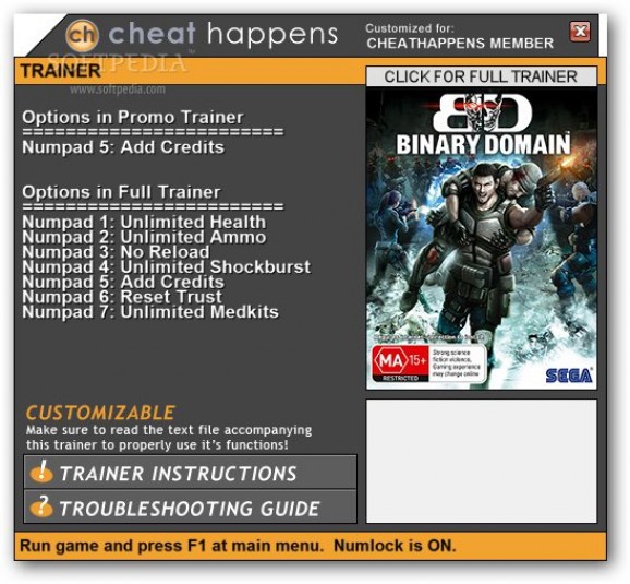 Binary Domain +1 Trainer screenshot