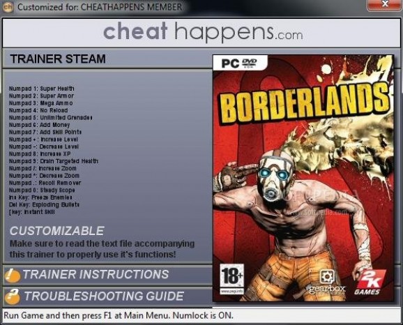 Borderlands +18 Trainer for Steam screenshot