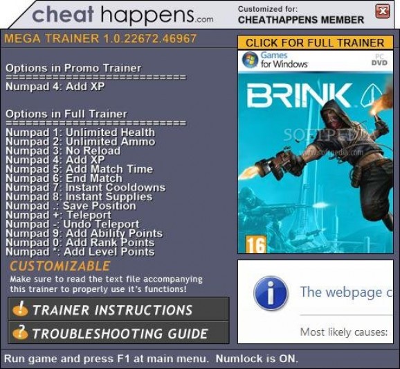 Brink +1 Trainer screenshot
