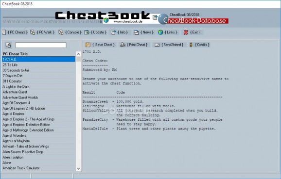 CheatBook August 2018 screenshot