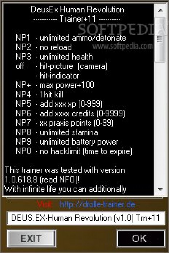 Deus Ex: Human Revolution +11 Trainer for 1.0 and 1.1 screenshot