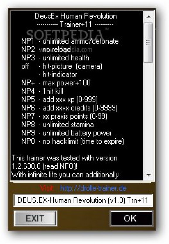 Deus Ex: Human Revolution +11 Trainer for 1.2.630.0 and 1.2.633.0 screenshot
