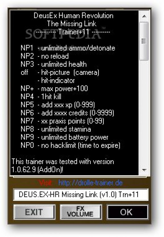 Deus Ex: Human Revolution The Missing Link +11 Trainer for 1.0.62.9 screenshot