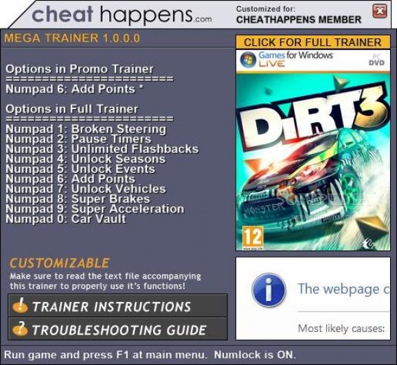 DiRT 3 +1 Trainer screenshot