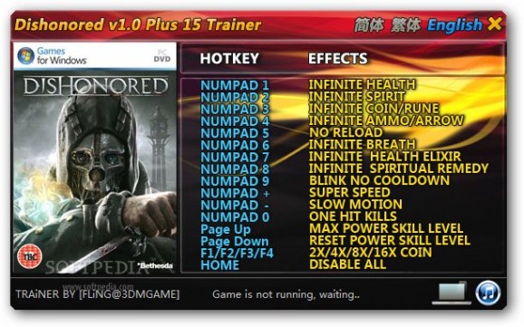 Dishonored +15 Trainer for 1.0 screenshot