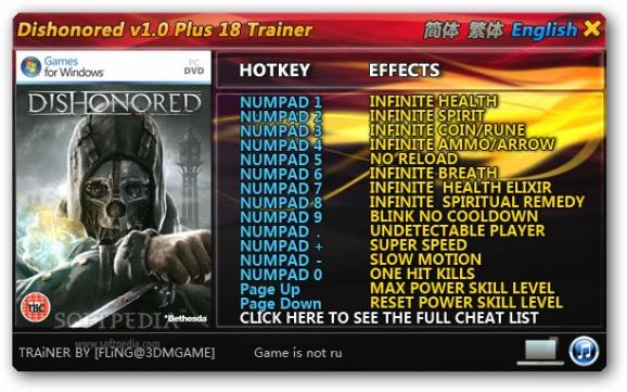 Dishonored +18 Trainer for 1.0 screenshot