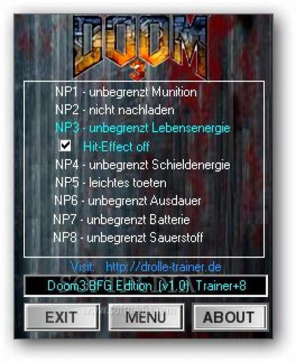 Doom 3: BFG Edition +8 trainer for 1.0 screenshot