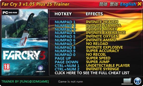 Far Cry 3 +25 Trainer for 1.0 - 1.05 screenshot