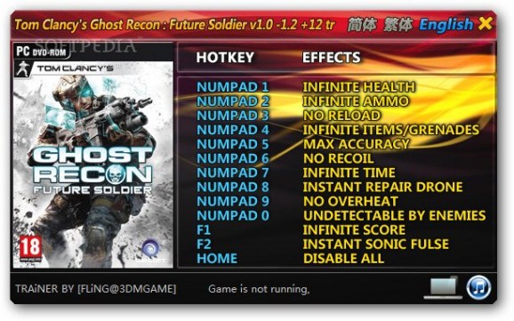 Ghost Recon: Future Soldier +12 Trainer for 1.0 - 1.2 screenshot
