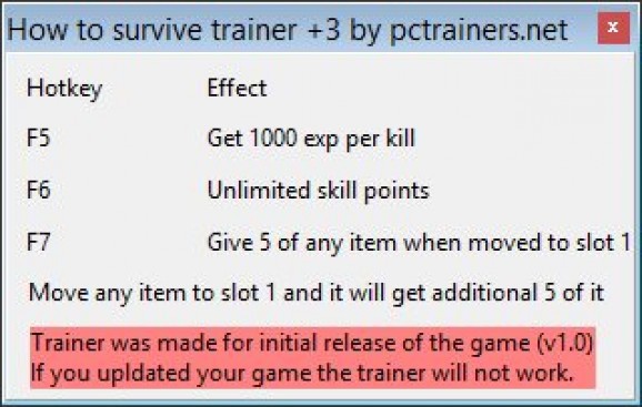 How to Survive +3 Trainer for 1.0 screenshot