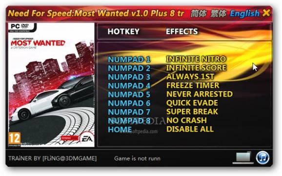 Need For Speed: Most Wanted (2012) +8 Trainer for 1.0 screenshot