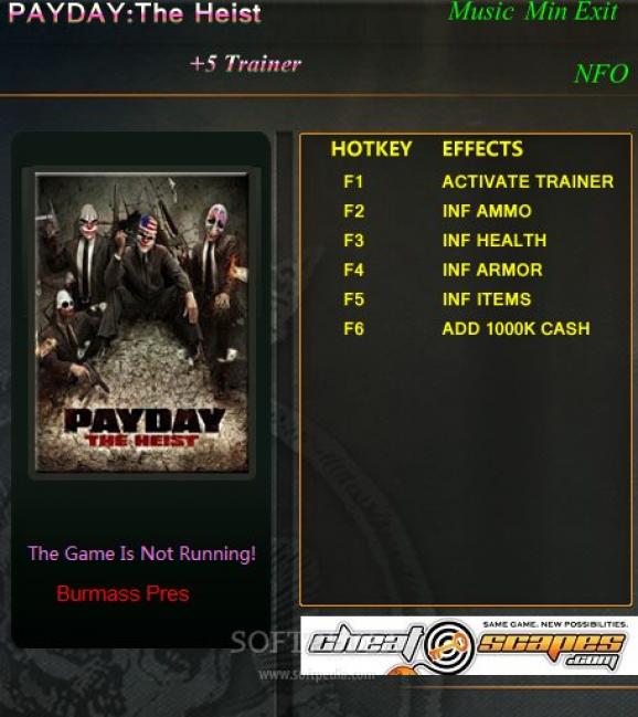PAYDAY: The Heist +5 Trainer for 04.07.2012 screenshot