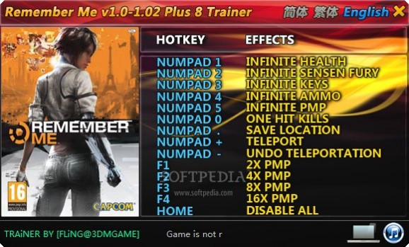 Remember Me +8 Trainer for 1.02 screenshot
