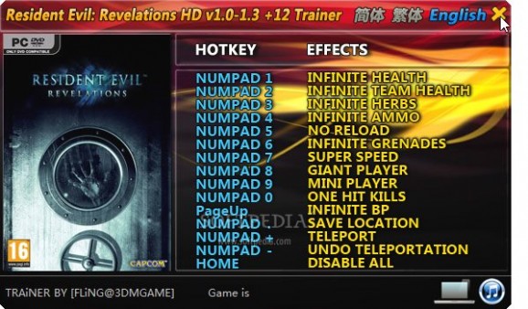 Resident Evil: Revelations +12 Trainer for 1.3 screenshot