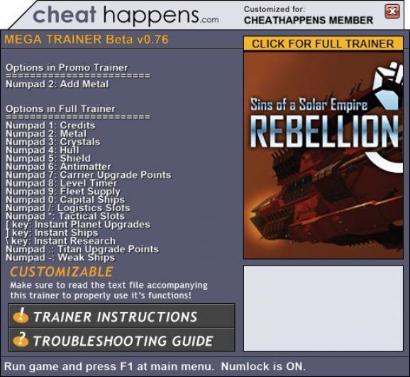 Sins of a Solar Empire: Rebellion +1 Trainer screenshot