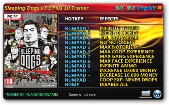 Sleeping Dogs +10 Trainer for 1.5 screenshot