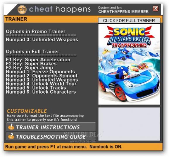 Sonic and All Stars Racing Transformed +1 Trainer screenshot