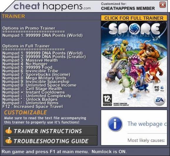 Spore +1 Trainer screenshot