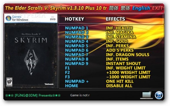 The Elder Scrolls V: Skyrim +10 Trainer for 1.3.10.0 screenshot