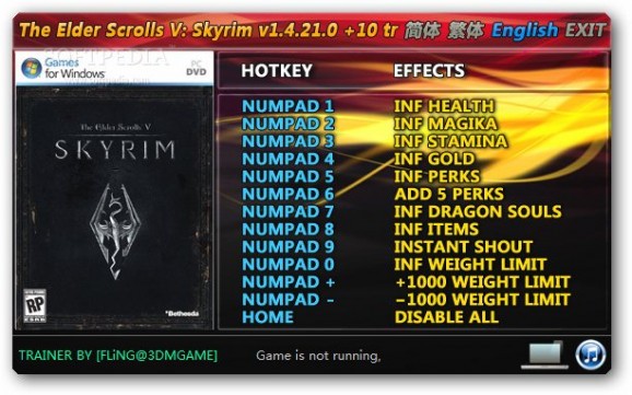 The Elder Scrolls V: Skyrim +10 Trainer for 1.4.21.0 screenshot