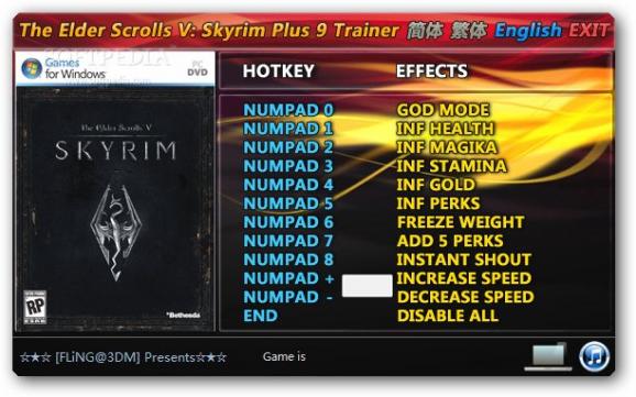 The Elder Scrolls V: Skyrim +9 Trainer for 1.1.21.0 screenshot