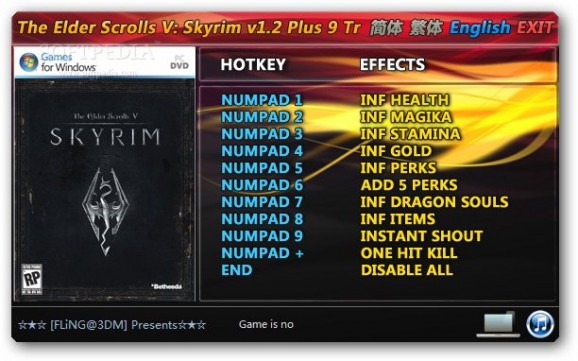 The Elder Scrolls V: Skyrim +9 Trainer for 1.2.12.0 screenshot