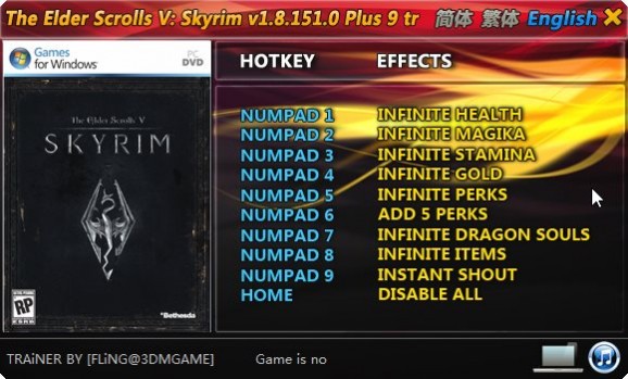 The Elder Scrolls V: Skyrim +9 Trainer for 1.8.151.0 screenshot