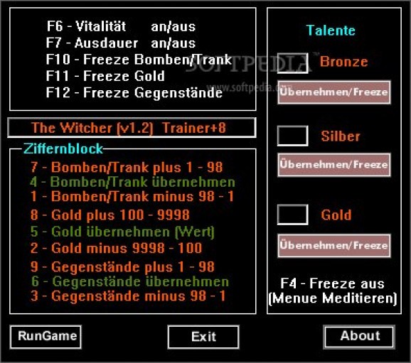 The Witcher +8 Trainer for 1.2 screenshot