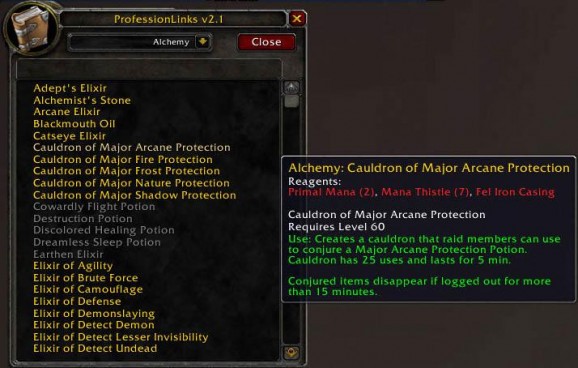 World of Warcraft Addon - ProfessionLinks screenshot